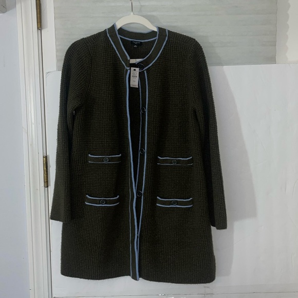Talbots tipped textured cardigan sweater. Tuscan olive & blue sky. Size Mp NWT - Picture 8 of 15